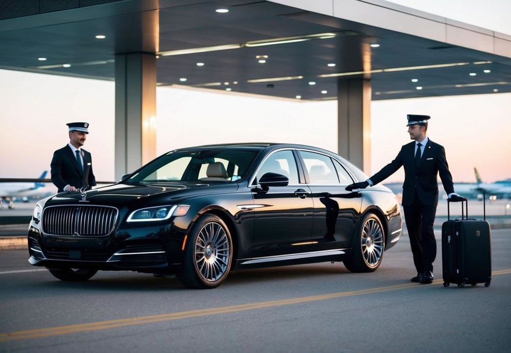 A sleek black luxury car pulls up to the airport terminal, a professional chauffeur standing by to assist with luggage and open the door for the passenger