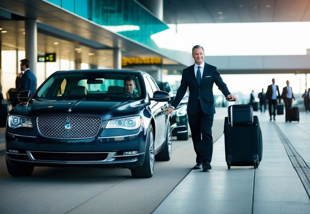 A luxury sedan pulls up to the airport terminal, with a professional chauffeur standing by to assist with luggage. The surrounding area is bustling with travelers, while the chauffeur maintains a calm and professional demeanor