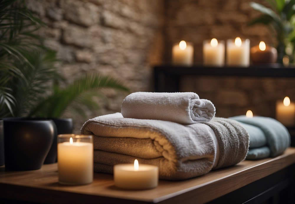 A serene spa with natural stone walls, soft ambient lighting, and plush treatment tables. Aromatherapy scents fill the air as guests relax in luxurious surroundings