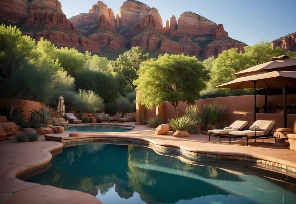 Lush greenery surrounds a serene spa pool, with cascading waterfalls and luxurious cabanas. Aromatherapy scents waft through the air, while guests relax in hot tubs and enjoy panoramic views of Sedona's red rock formations