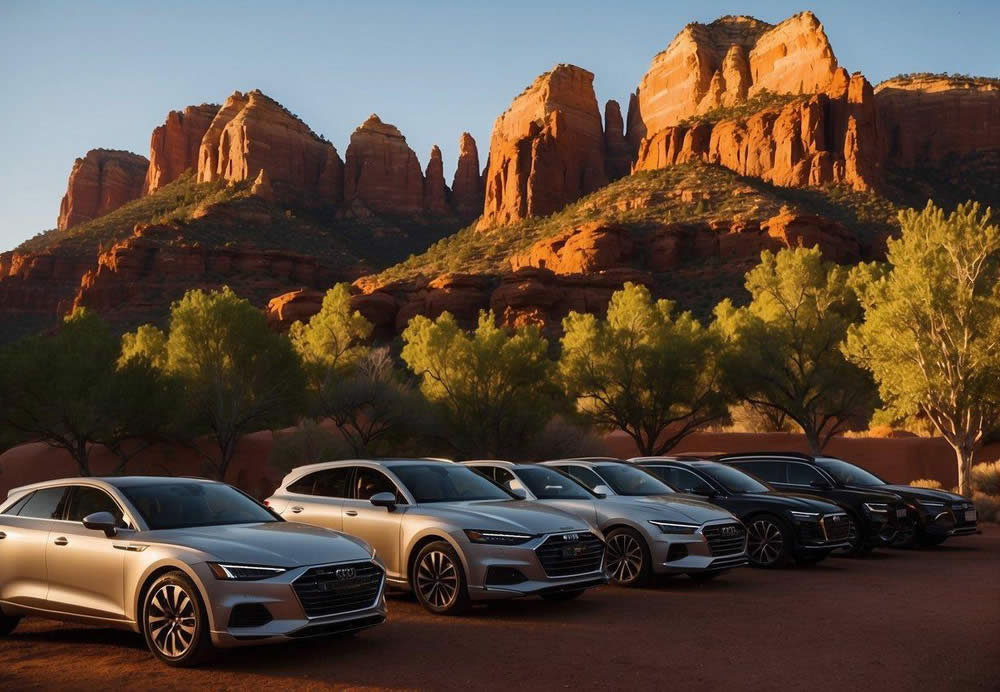 A row of luxurious vehicles parked outside the top 10 best spas in Sedona, Arizona for 2024. The sun setting behind the red rock formations creates a picturesque backdrop for the scene