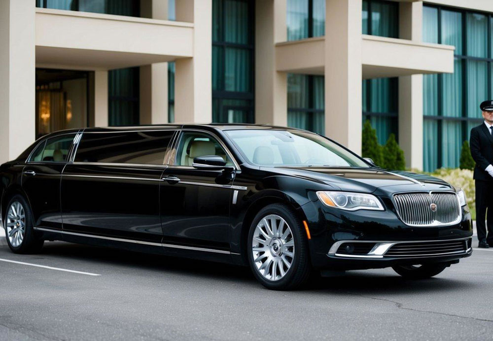 A sleek black limousine parked in front of a luxury hotel, with a uniformed chauffeur standing by the open door