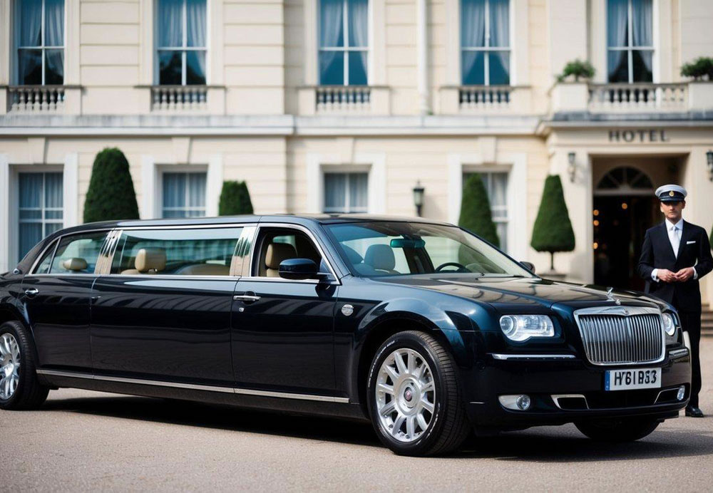 A luxurious limousine parked in front of a grand hotel, with a chauffeur standing by the open door, waiting for passengers