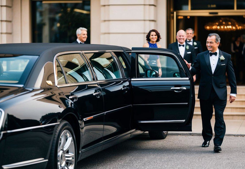 A sleek, black limousine parked outside a luxury hotel, with a chauffeur holding open the door for a group of elegantly dressed individuals