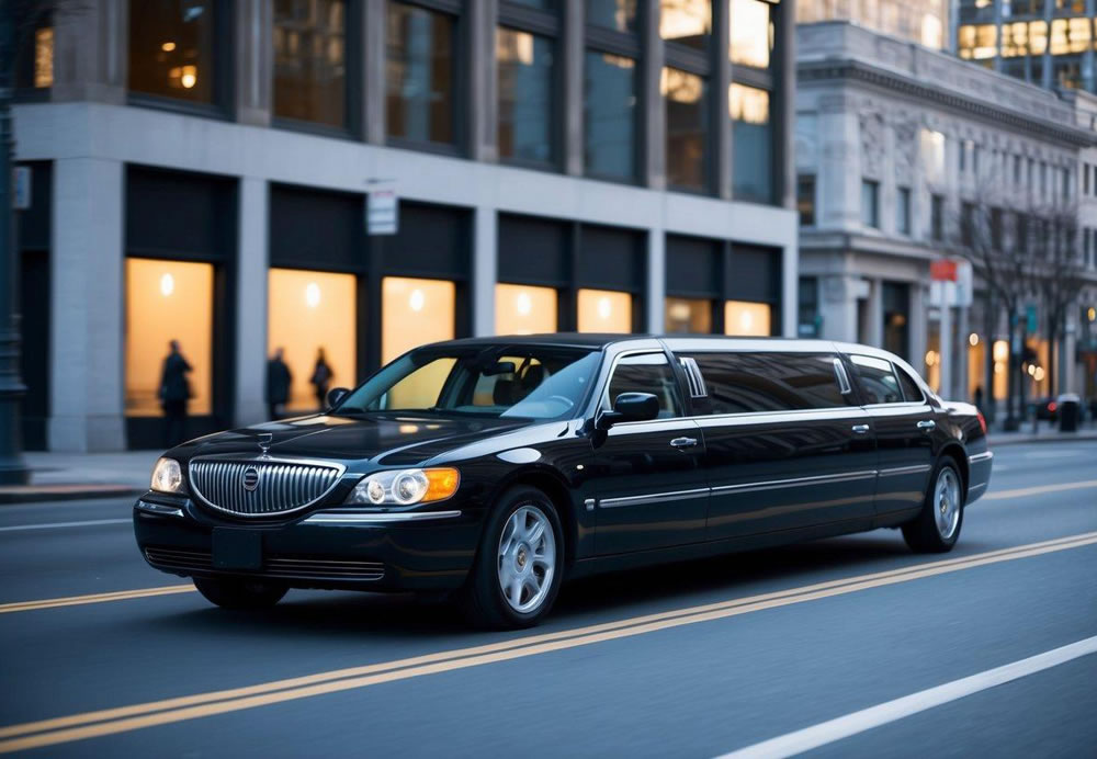 A sleek, black limousine cruises along a well-lit city street, its tinted windows reflecting the glow of the surrounding buildings