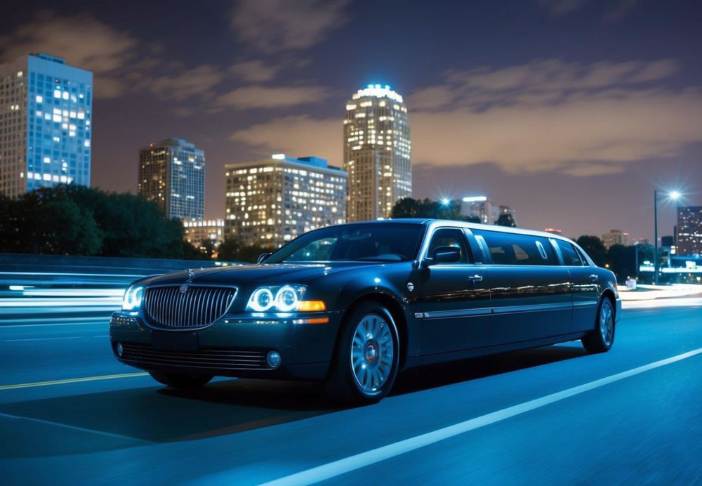 A sleek limousine glides down a well-lit city street, surrounded by a clear night sky and tall buildings