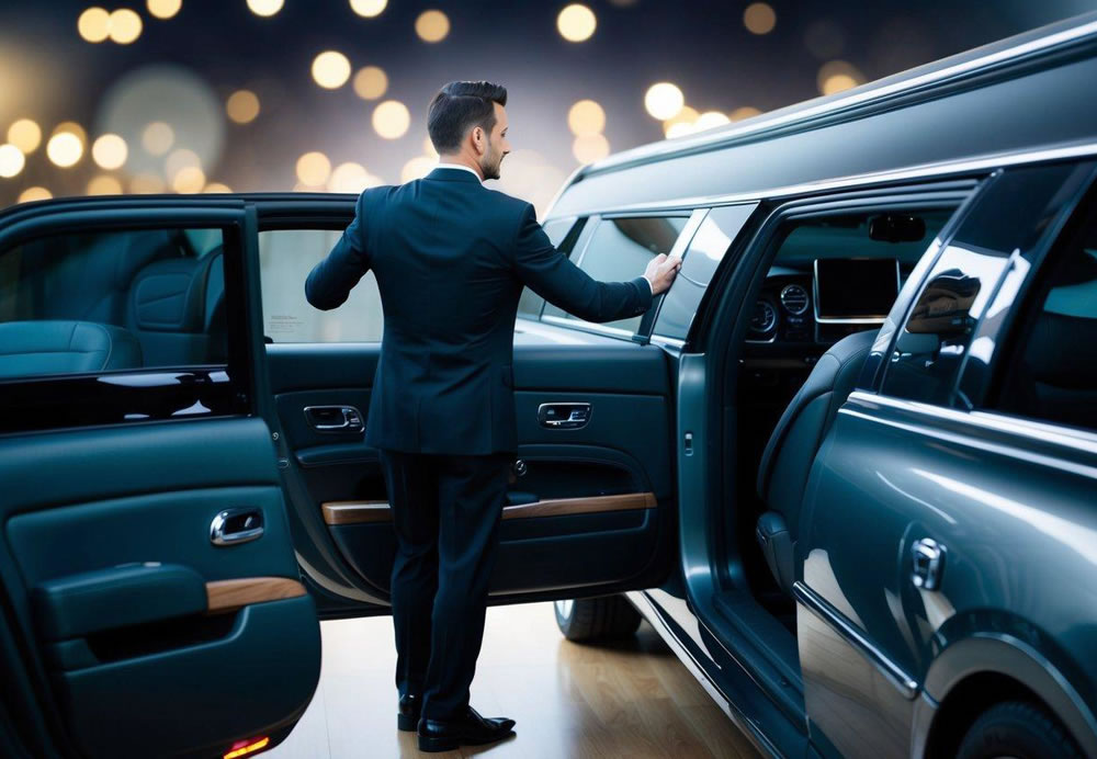 A chauffeur opening the door of a sleek limousine, with a well-lit and secure interior, featuring safety features such as seat belts and privacy partition