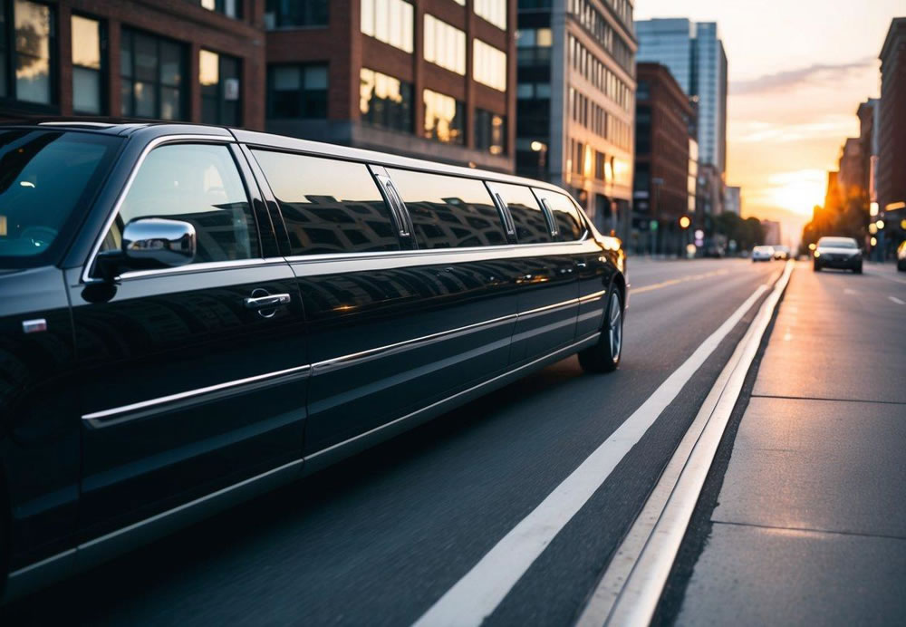 A sleek limousine glides down a city street, its tinted windows reflecting the surrounding buildings. The sun sets in the distance, casting a warm glow over the scene